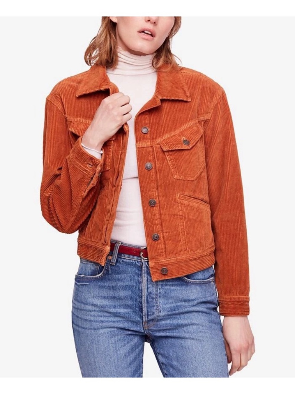 Free People Nelson Corduroy Trucker Jacket, rust orange/terracotta, size M - Picture 3 of 13